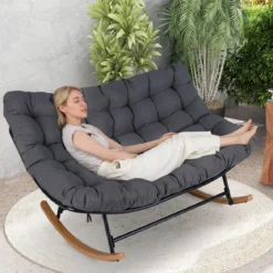 Schaukelstuhl mit Dickem Kissen Übergroßer Schaukelsessel bis 320 kg Belastbar Relaxstuhl Dunkelgrau/Grau/Beige