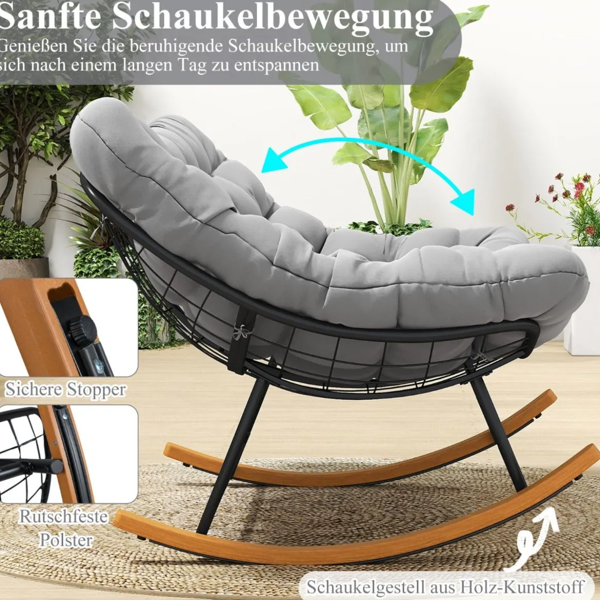 Schaukelstuhl mit Dickem Kissen Übergroßer Schaukelsessel bis 320 kg Belastbar Relaxstuhl Dunkelgrau/Grau/Beige