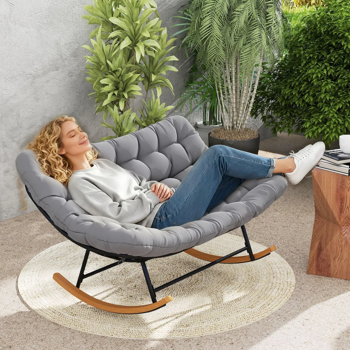 Schaukelstuhl mit Dickem Kissen Übergroßer Schaukelsessel bis 320 kg Belastbar Relaxstuhl Dunkelgrau/Grau/Beige