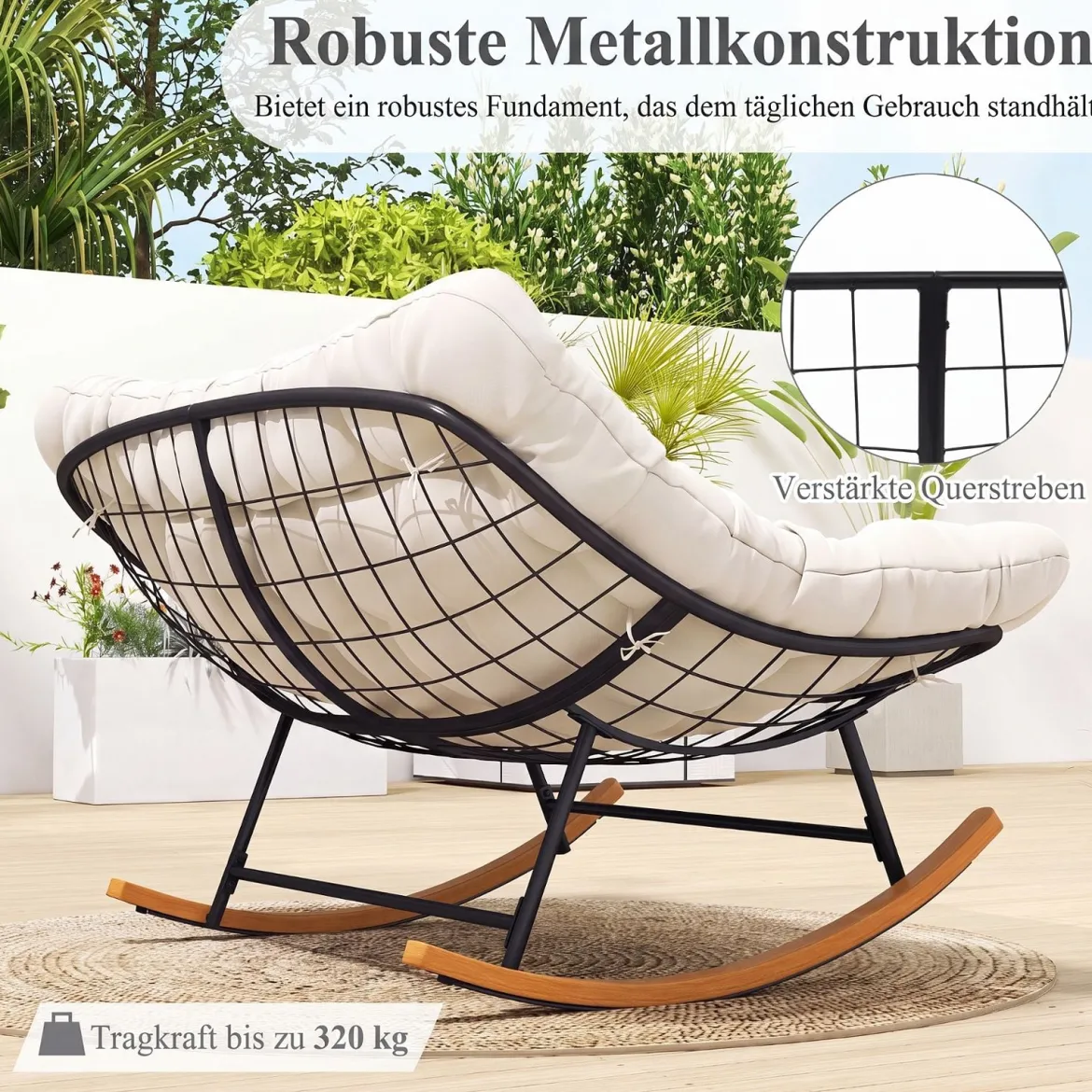 Schaukelstuhl mit Dickem Kissen Übergroßer Schaukelsessel bis 320 kg Belastbar Relaxstuhl Dunkelgrau/Grau/Beige