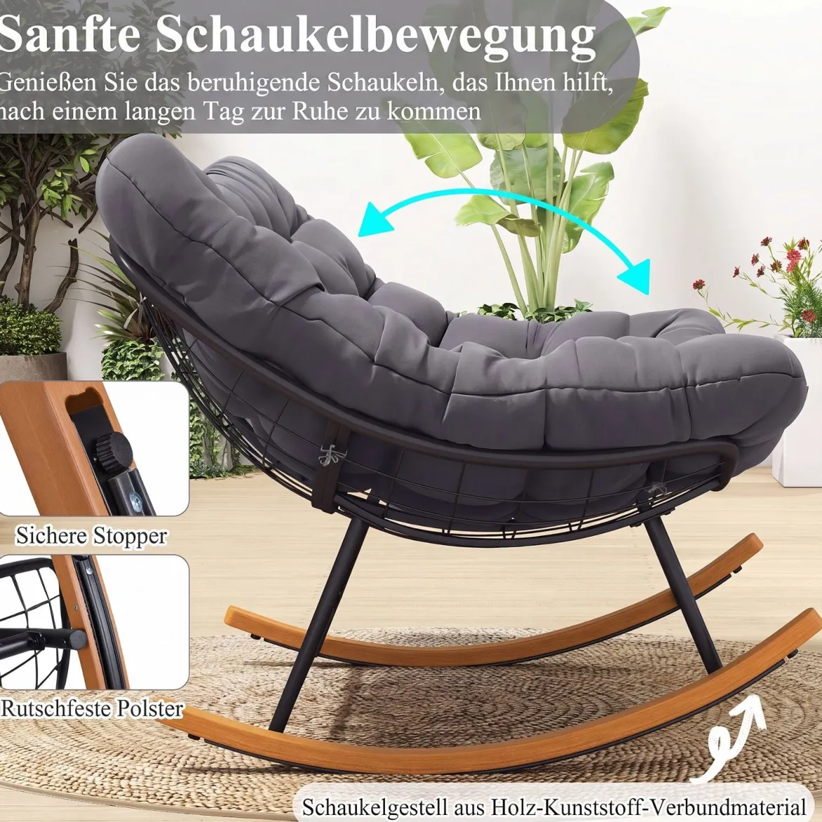 Schaukelstuhl mit Dickem Kissen Übergroßer Schaukelsessel bis 320 kg Belastbar Relaxstuhl Dunkelgrau/Grau/Beige