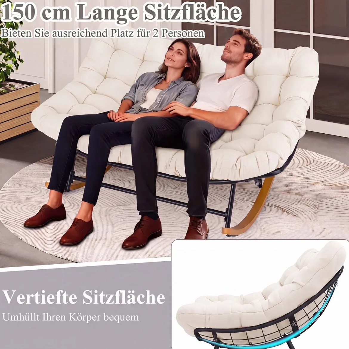 Schaukelstuhl mit Dickem Kissen Übergroßer Schaukelsessel bis 320 kg Belastbar Relaxstuhl Dunkelgrau/Grau/Beige