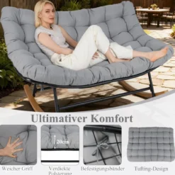 Schaukelstuhl mit Dickem Kissen Übergroßer Schaukelsessel bis 320 kg Belastbar Relaxstuhl Dunkelgrau/Grau/Beige