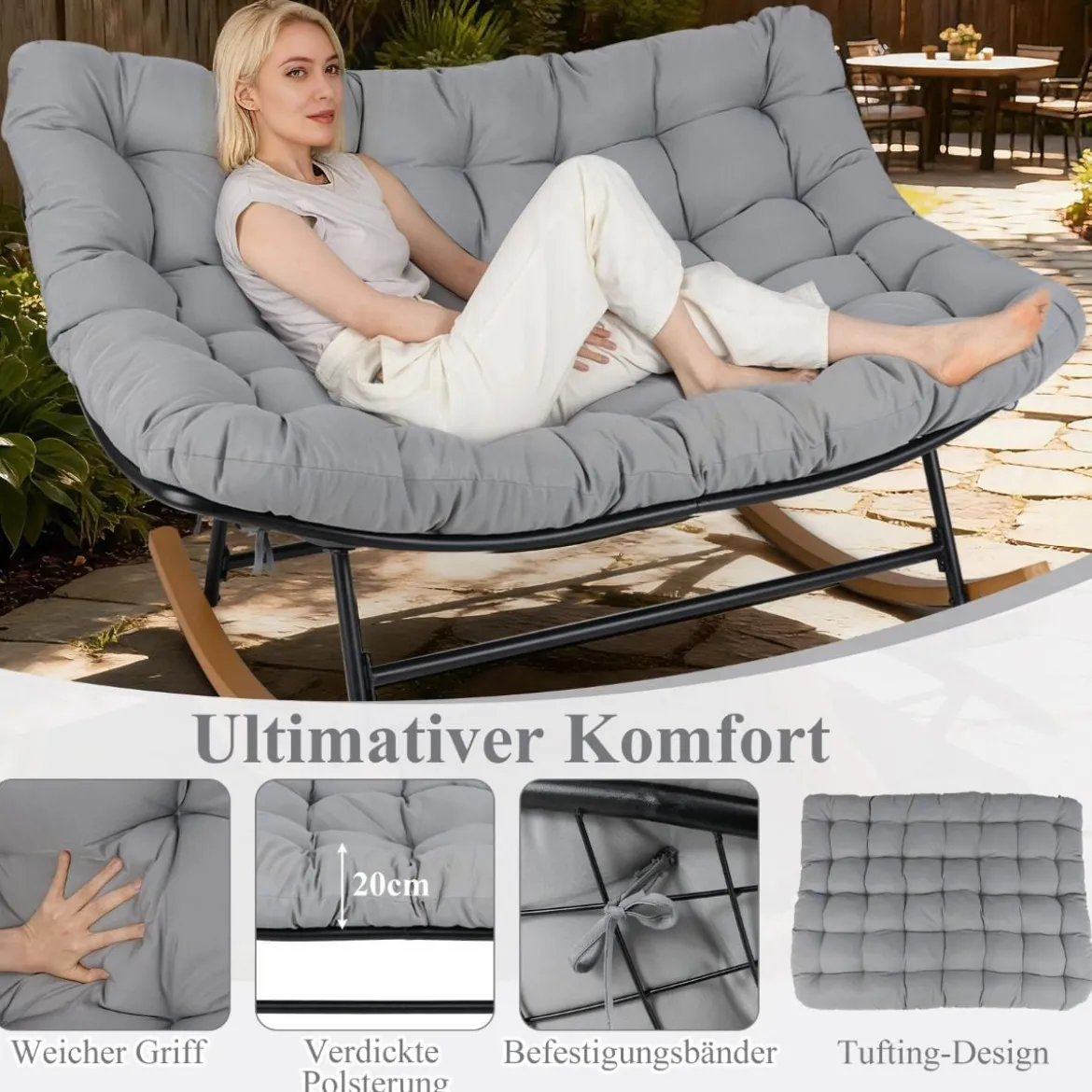 Schaukelstuhl mit Dickem Kissen Übergroßer Schaukelsessel bis 320 kg Belastbar Relaxstuhl Dunkelgrau/Grau/Beige