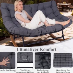 Schaukelstuhl mit Dickem Kissen Übergroßer Schaukelsessel bis 320 kg Belastbar Relaxstuhl Dunkelgrau/Grau/Beige