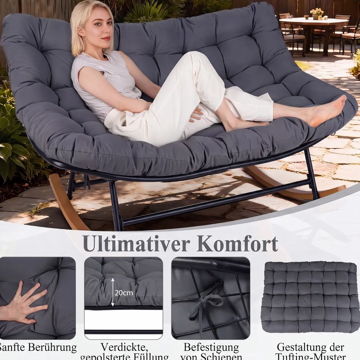 Schaukelstuhl mit Dickem Kissen Übergroßer Schaukelsessel bis 320 kg Belastbar Relaxstuhl Dunkelgrau/Grau/Beige