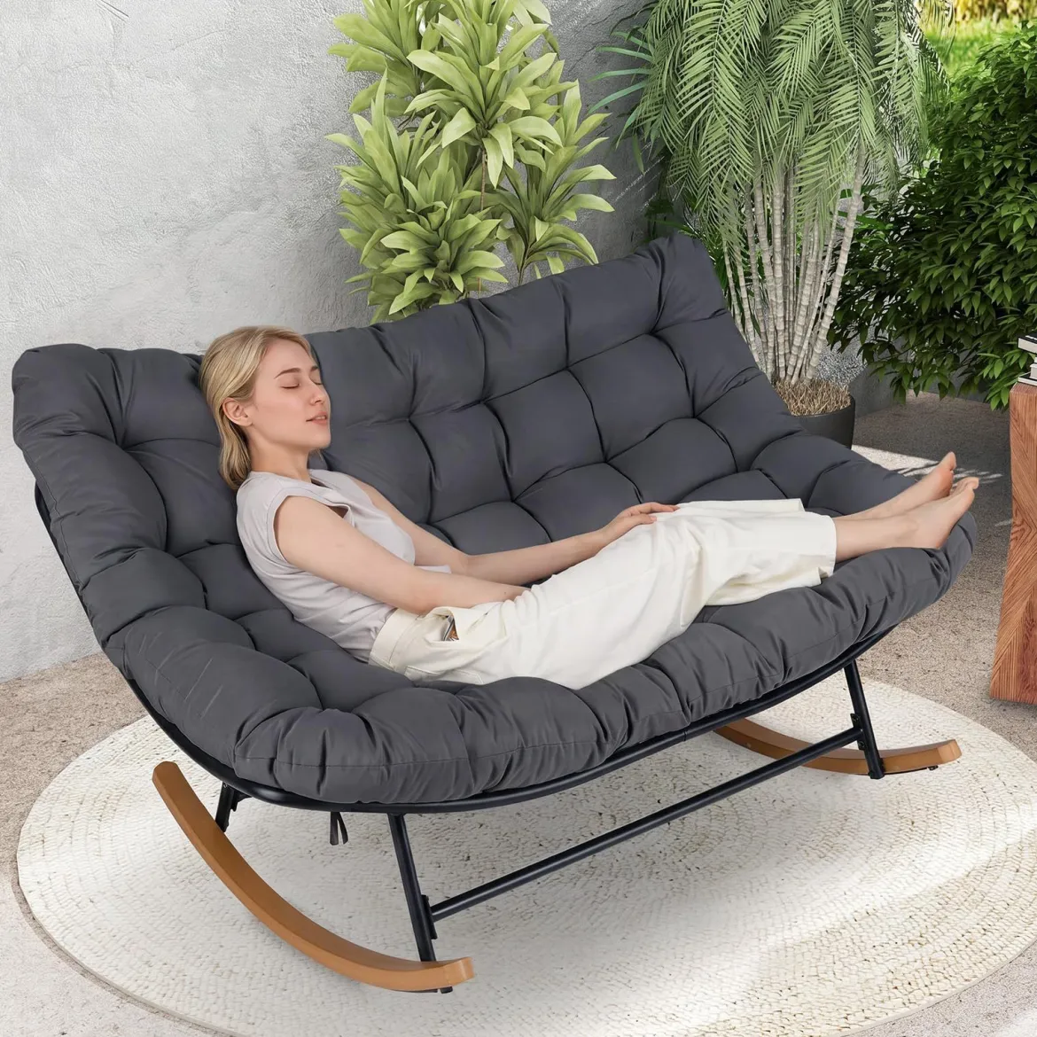 Schaukelstuhl mit Dickem Kissen Übergroßer Schaukelsessel bis 320 kg Belastbar Relaxstuhl Dunkelgrau/Grau/Beige