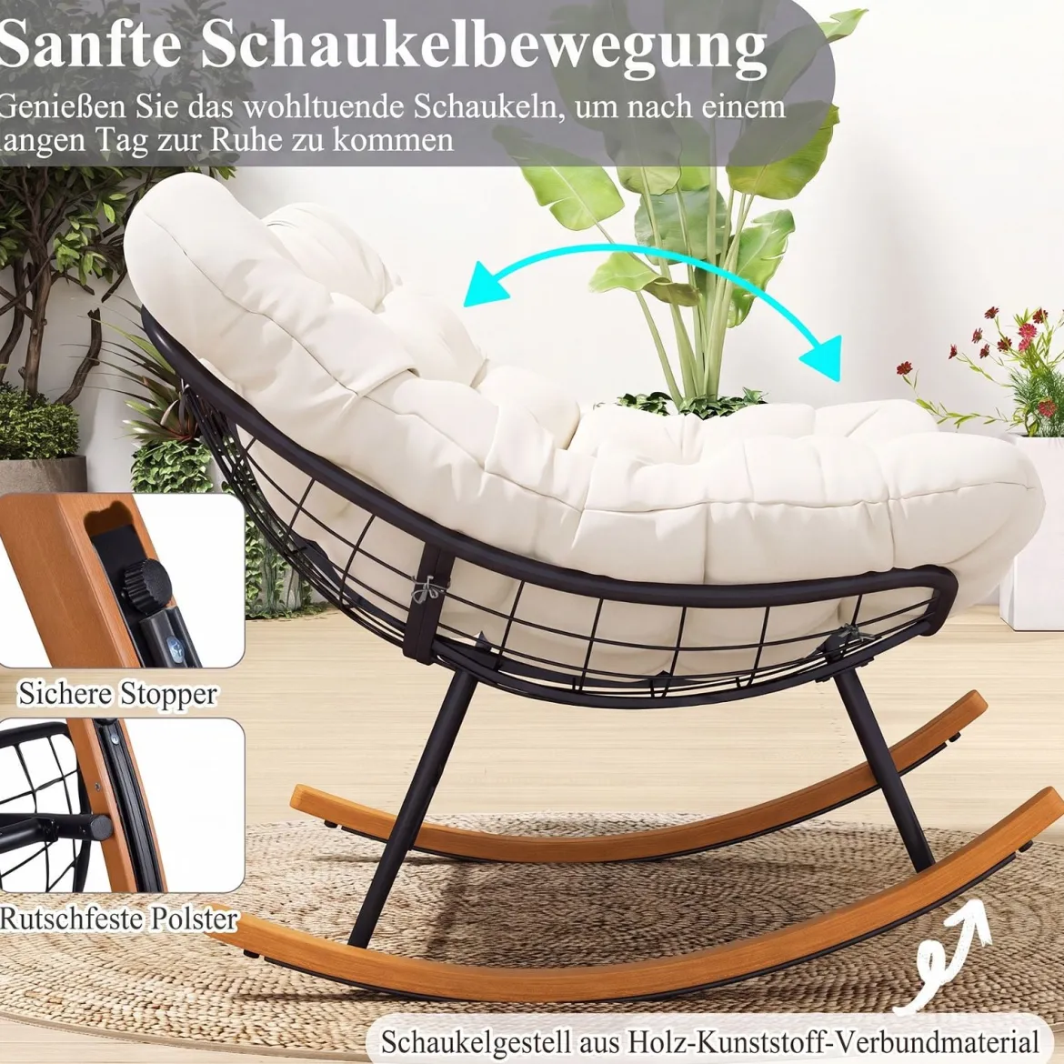 Schaukelstuhl mit Dickem Kissen Übergroßer Schaukelsessel bis 320 kg Belastbar Relaxstuhl Dunkelgrau/Grau/Beige