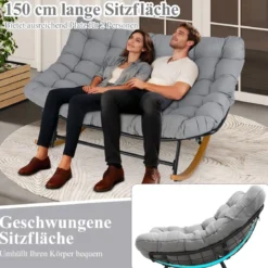 Schaukelstuhl mit Dickem Kissen Übergroßer Schaukelsessel bis 320 kg Belastbar Relaxstuhl Dunkelgrau/Grau/Beige