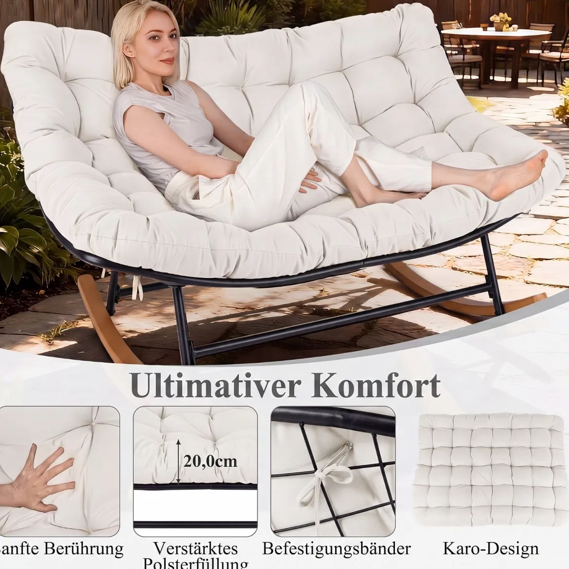 Schaukelstuhl mit Dickem Kissen Übergroßer Schaukelsessel bis 320 kg Belastbar Relaxstuhl Dunkelgrau/Grau/Beige