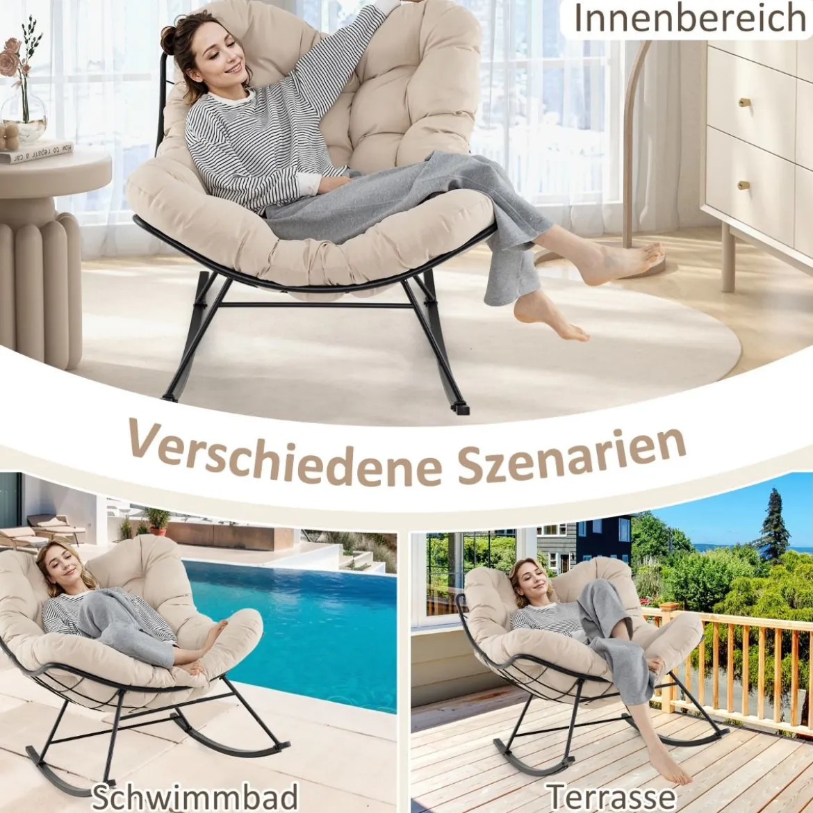 Schaukelstuhl mit Gepolstertem Kissen & 205 kg Tragkraft Schaukelsessel Terrassensessel Beige