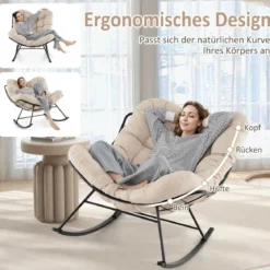 Schaukelstuhl mit Gepolstertem Kissen & 205 kg Tragkraft Schaukelsessel Terrassensessel Beige