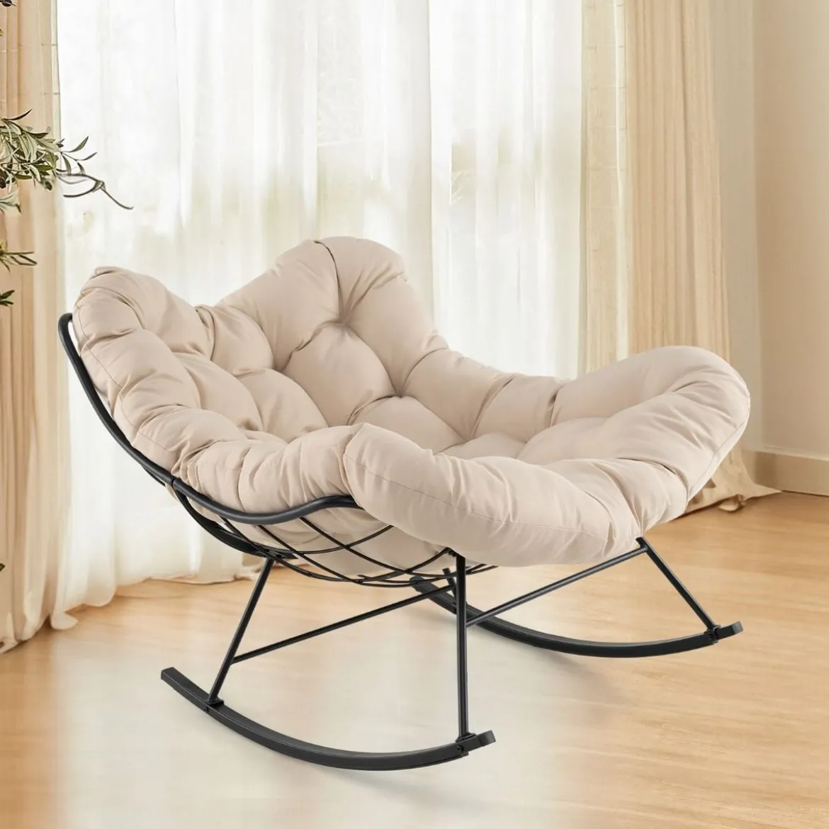 Schaukelstuhl mit Gepolstertem Kissen & 205 kg Tragkraft Schaukelsessel Terrassensessel Beige