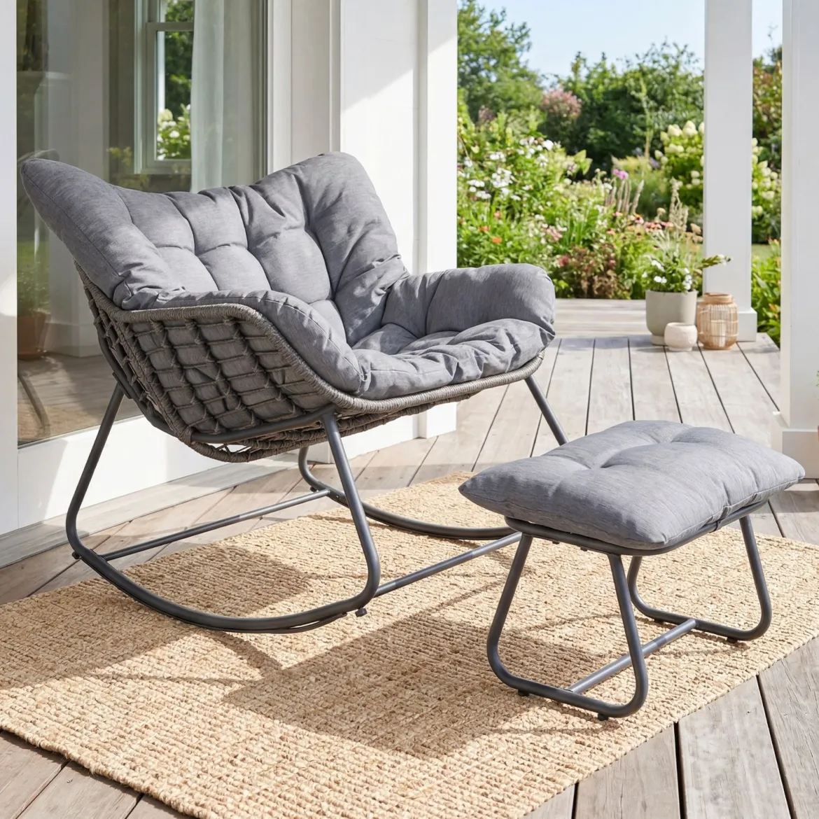 Schaukelstuhl mit Hocker Schaukelsessel mit PE-Rattan & Metallrahmen ergonomischer Relaxsessel