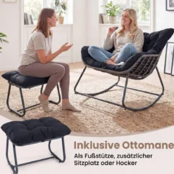 Schaukelstuhl mit Hocker Schaukelsessel mit PE-Rattan & Metallrahmen ergonomischer Relaxsessel