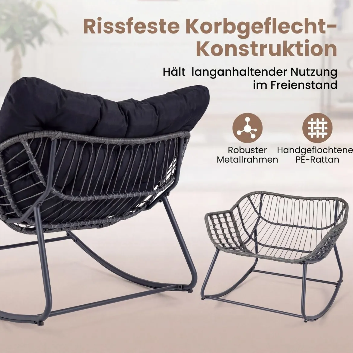 Schaukelstuhl mit Hocker Schaukelsessel mit PE-Rattan & Metallrahmen ergonomischer Relaxsessel