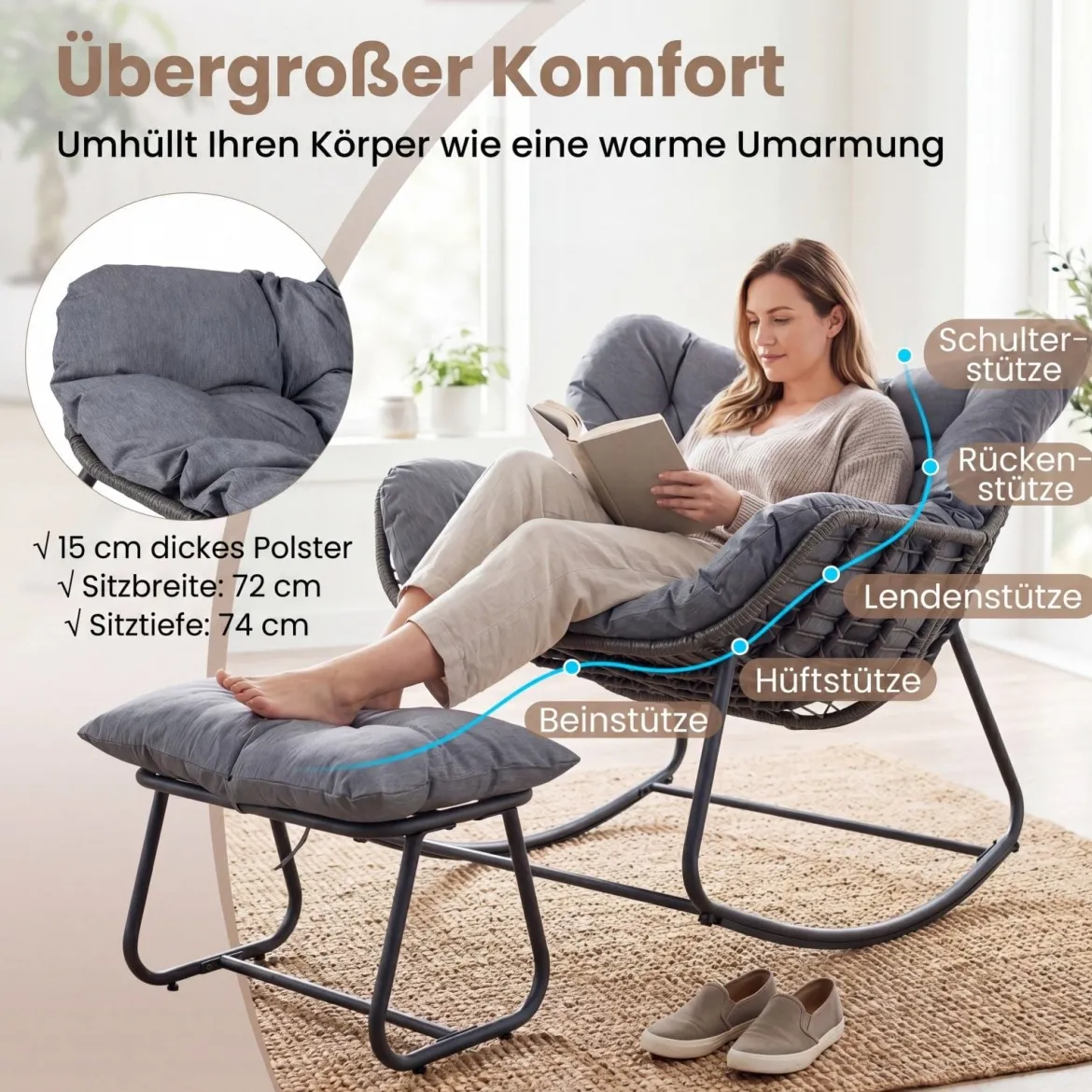 Schaukelstuhl mit Hocker Schaukelsessel mit PE-Rattan & Metallrahmen ergonomischer Relaxsessel