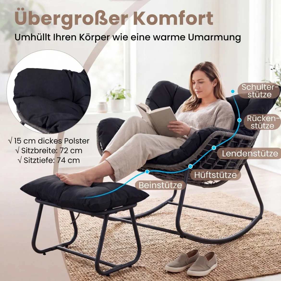 Schaukelstuhl mit Hocker Schaukelsessel mit PE-Rattan & Metallrahmen ergonomischer Relaxsessel