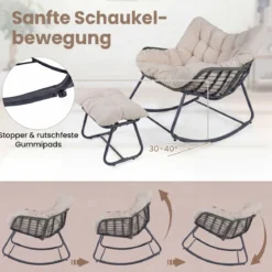 Schaukelstuhl mit Hocker Schaukelsessel mit PE-Rattan & Metallrahmen ergonomischer Relaxsessel