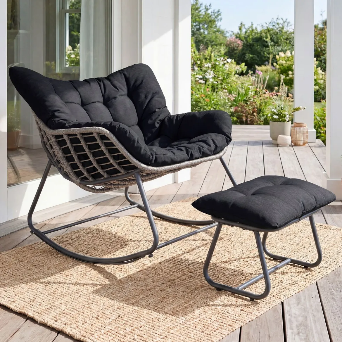Schaukelstuhl mit Hocker Schaukelsessel mit PE-Rattan & Metallrahmen ergonomischer Relaxsessel