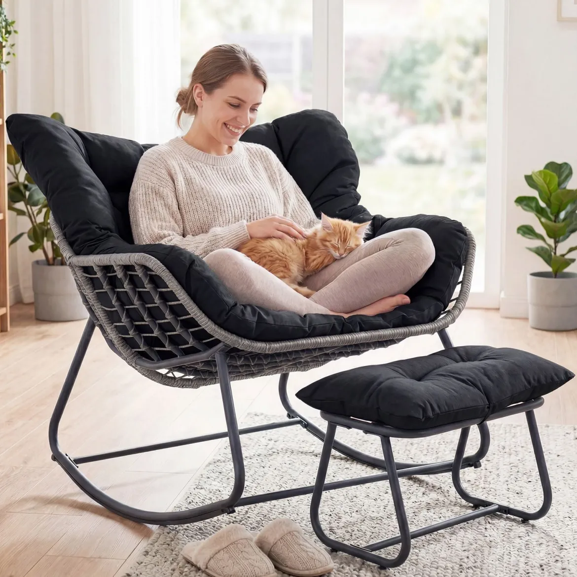 Schaukelstuhl mit Hocker Schaukelsessel mit PE-Rattan & Metallrahmen ergonomischer Relaxsessel