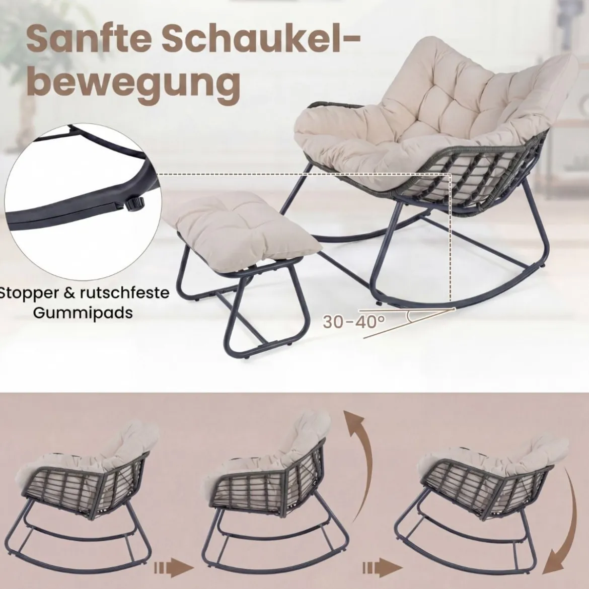 Schaukelstuhl mit Hocker Schaukelsessel mit PE-Rattan & Metallrahmen ergonomischer Relaxsessel
