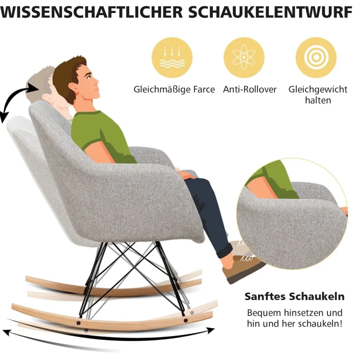 Schaukelstuhl mit hoher ergonomischer Rückenlehne & integrierter Armlehne Stillsessel Relaxstuhl gepolstert Grau