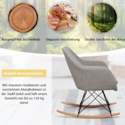 Schaukelstuhl mit hoher ergonomischer Rückenlehne & integrierter Armlehne Stillsessel Relaxstuhl gepolstert Grau