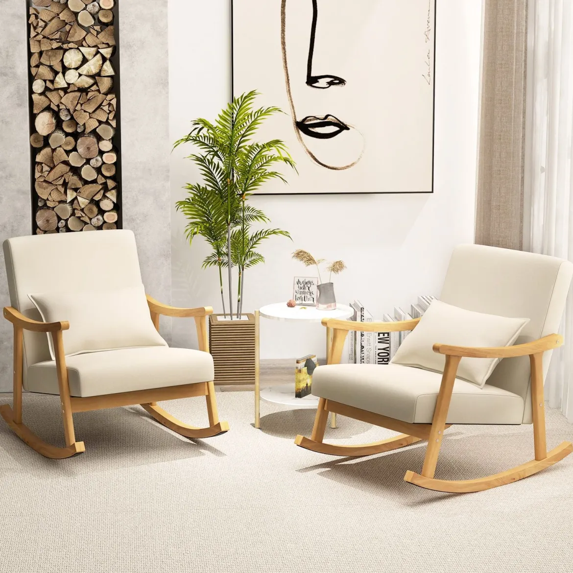 Schaukelstuhl mit Hoher Rückenlehne & Gepolstertem Sitzkissen Moderner Akzent-Sessel Beige
