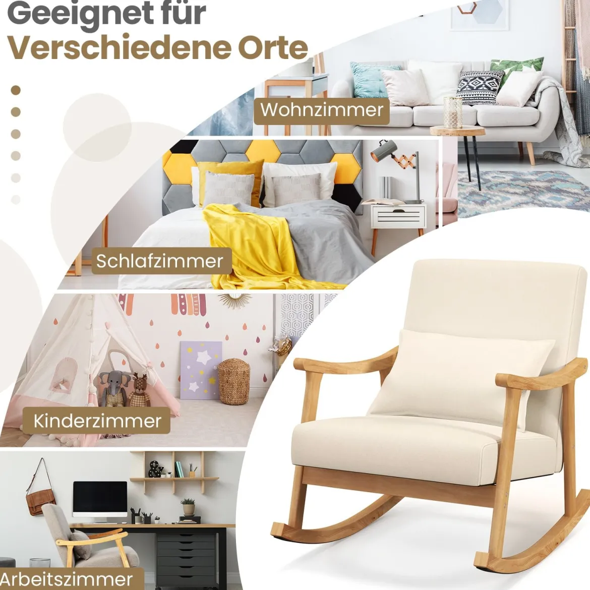Schaukelstuhl mit Hoher Rückenlehne & Gepolstertem Sitzkissen Moderner Akzent-Sessel Beige