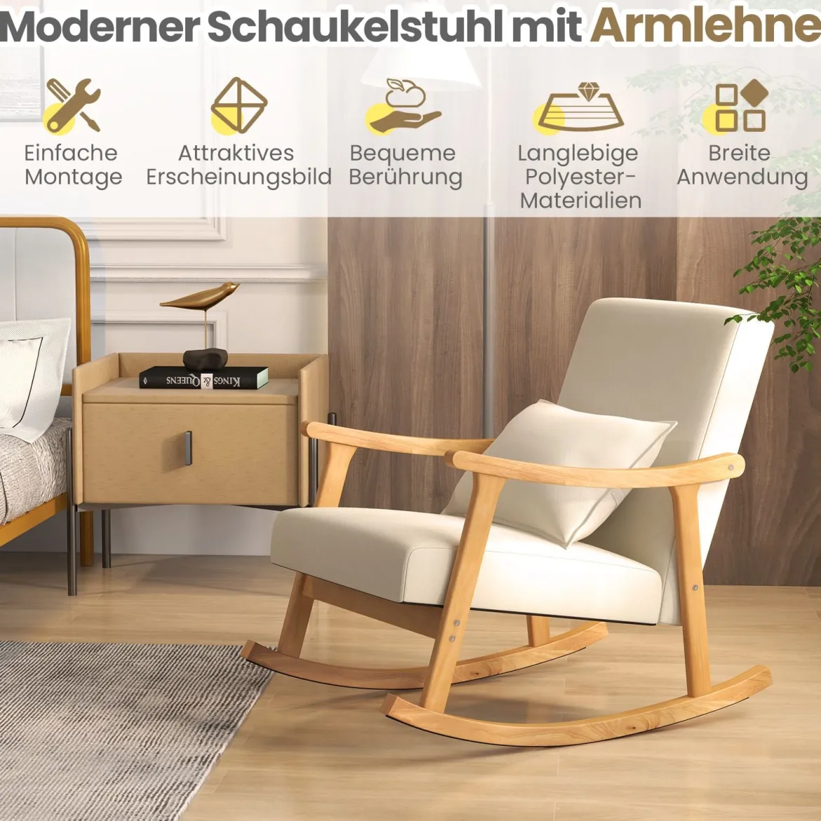 Schaukelstuhl mit Hoher Rückenlehne & Gepolstertem Sitzkissen Moderner Akzent-Sessel Beige