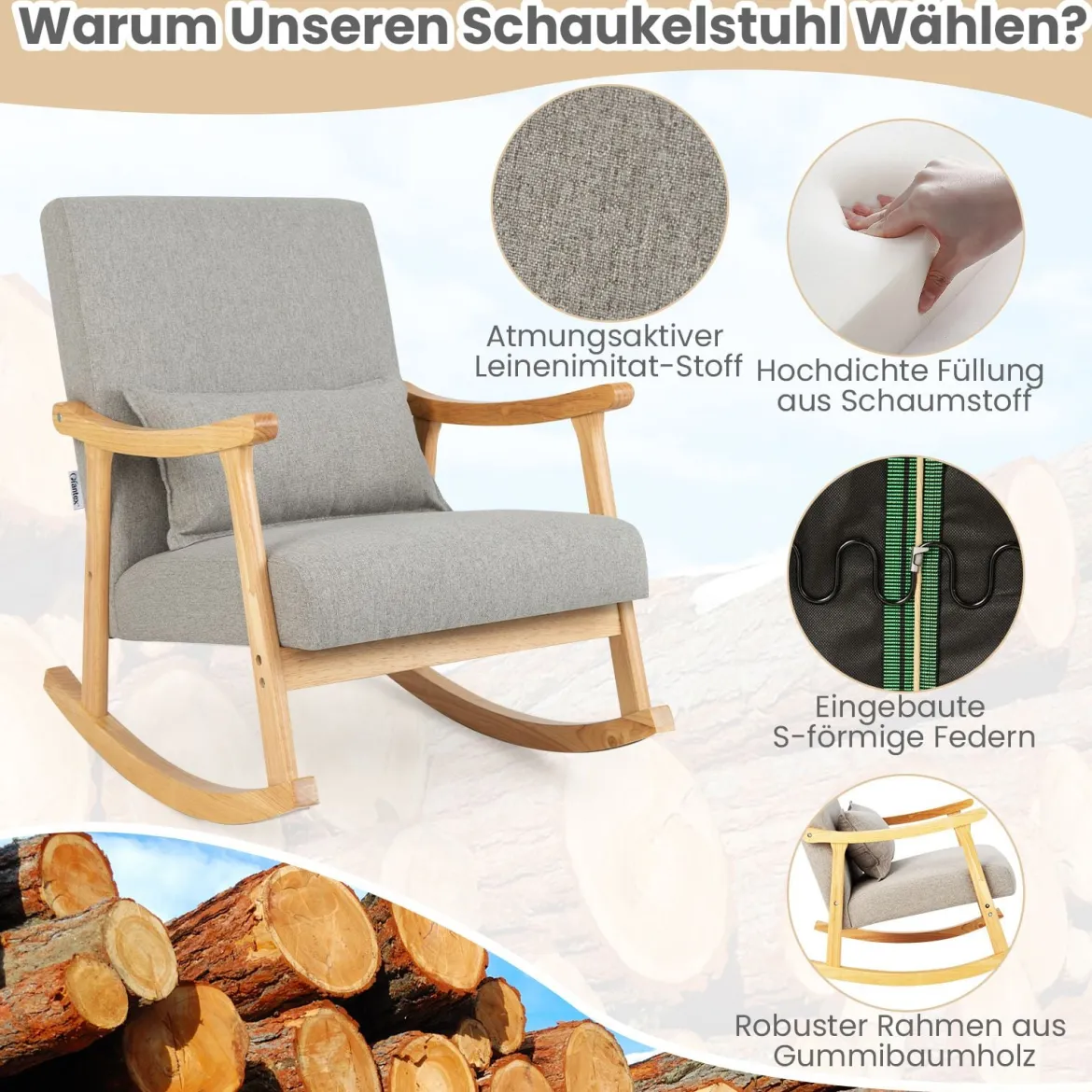 Schaukelstuhl mit Hoher Rückenlehne & Gepolstertem Sitzkissen Moderner Akzent-Sessel Grau