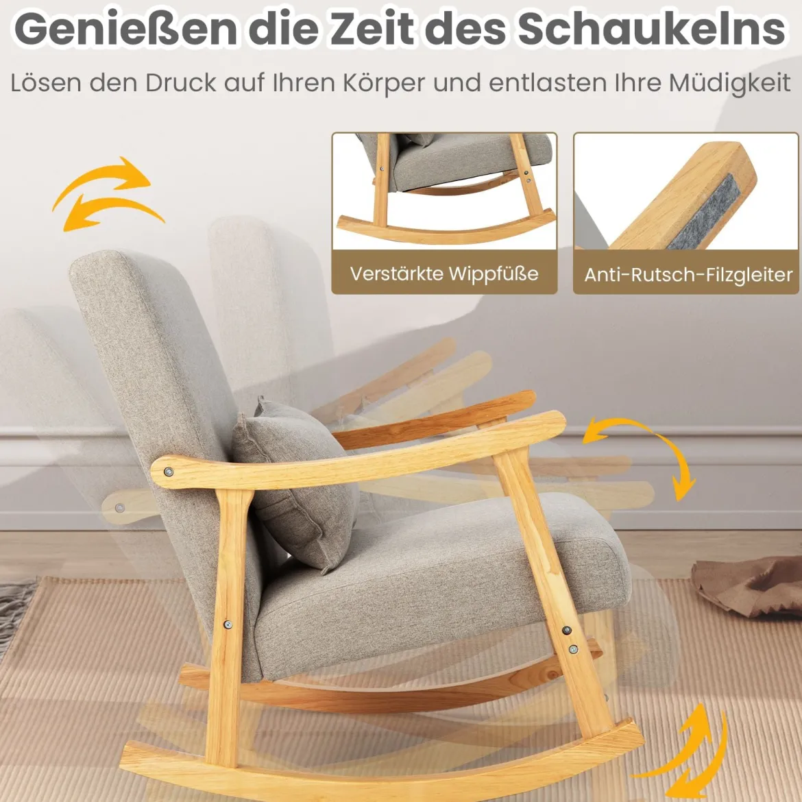 Schaukelstuhl mit Hoher Rückenlehne & Gepolstertem Sitzkissen Moderner Akzent-Sessel Grau