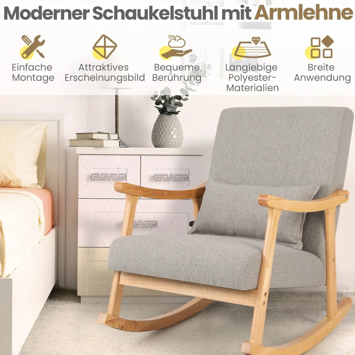 Schaukelstuhl mit Hoher Rückenlehne & Gepolstertem Sitzkissen Moderner Akzent-Sessel Grau