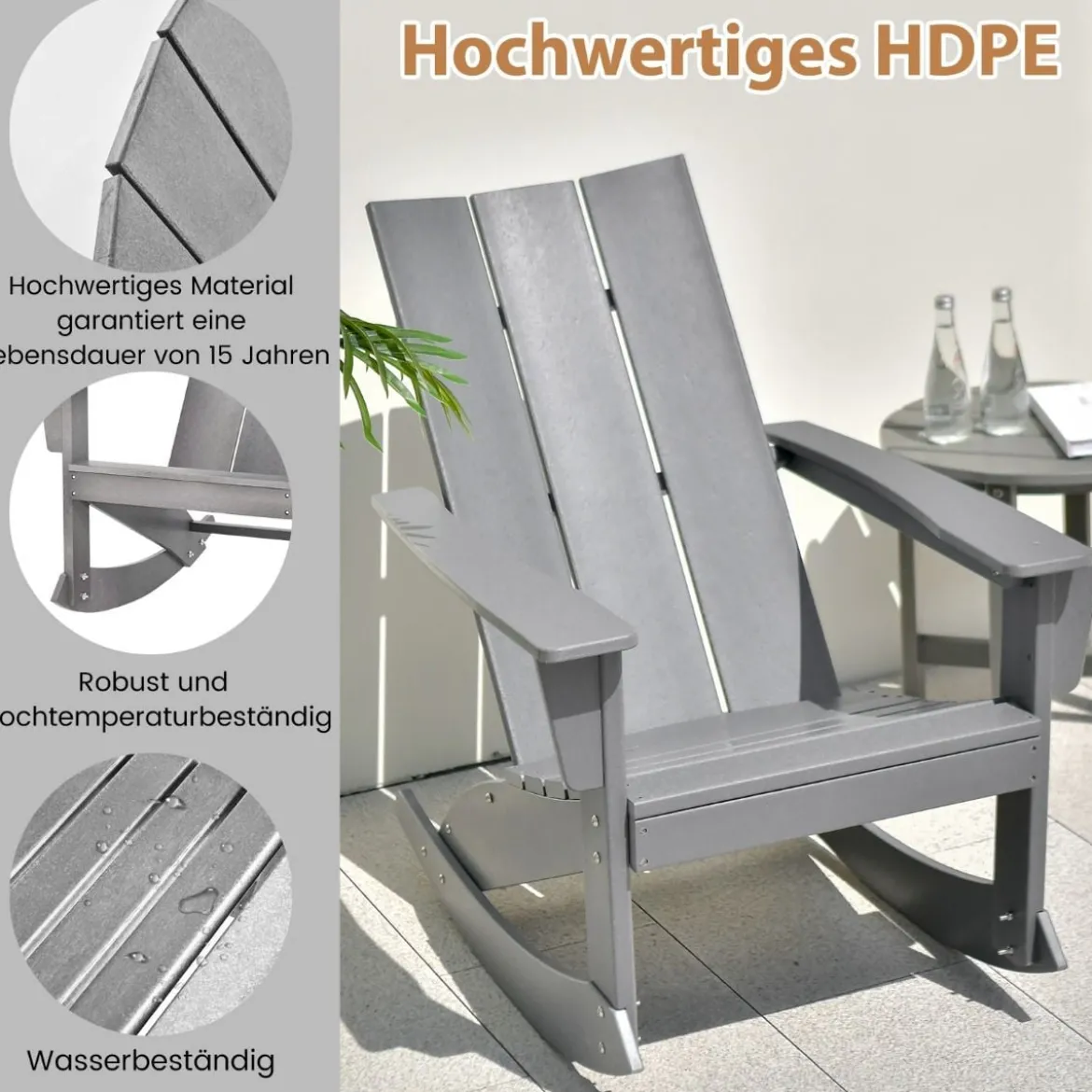 Schaukelstuhl Outdoor Adirondack Gartensessel aus HDPE 93 x 55,5 x 90 cm Grau