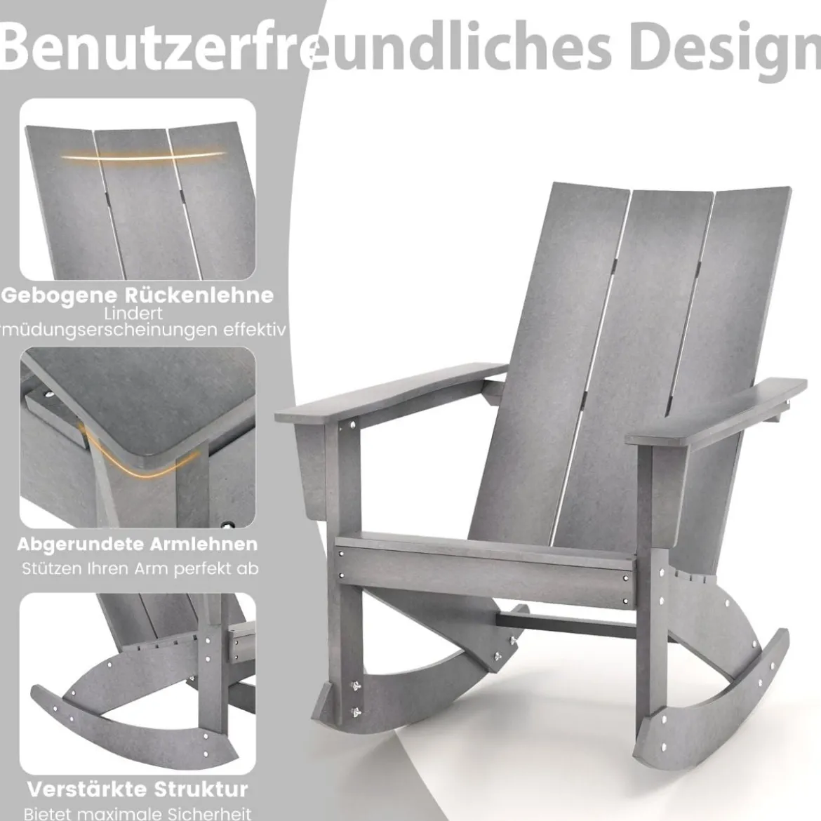Schaukelstuhl Outdoor Adirondack Gartensessel aus HDPE 93 x 55,5 x 90 cm Grau