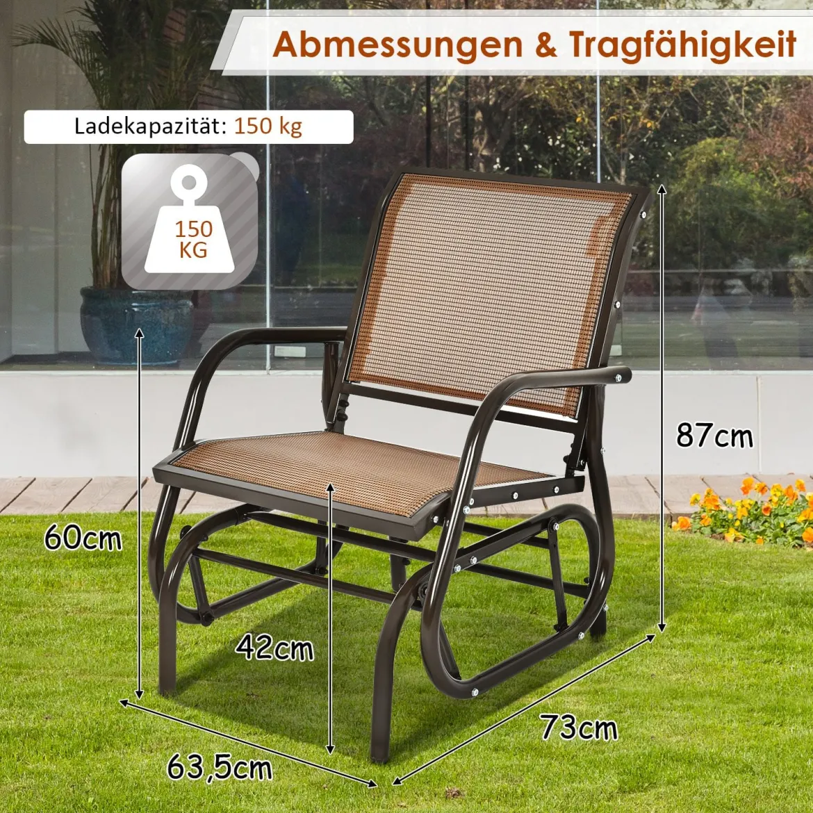 Schaukelstuhl, Outdoor-Schaukelstuhl mit Metallrahmen Schaukelstuhl Gartenstuhl Schwingstuhl Braun