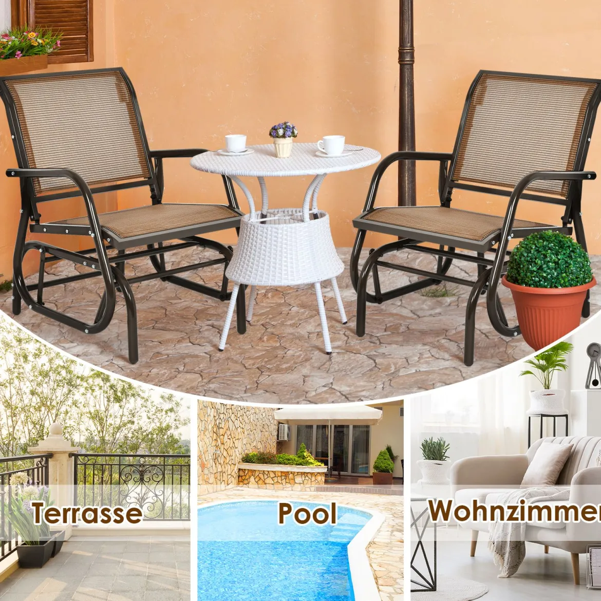 Schaukelstuhl, Outdoor-Schaukelstuhl mit Metallrahmen Schaukelstuhl Gartenstuhl Schwingstuhl Braun