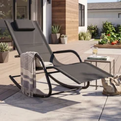 Schaukelstuhl Outdoor Schaukelliege mit Abnehmbarer Kopfstütze bis 160kg Belastbar Schwarz/Beige