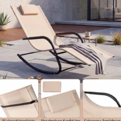 Schaukelstuhl Outdoor Schaukelliege mit Abnehmbarer Kopfstütze bis 160kg Belastbar Schwarz/Beige