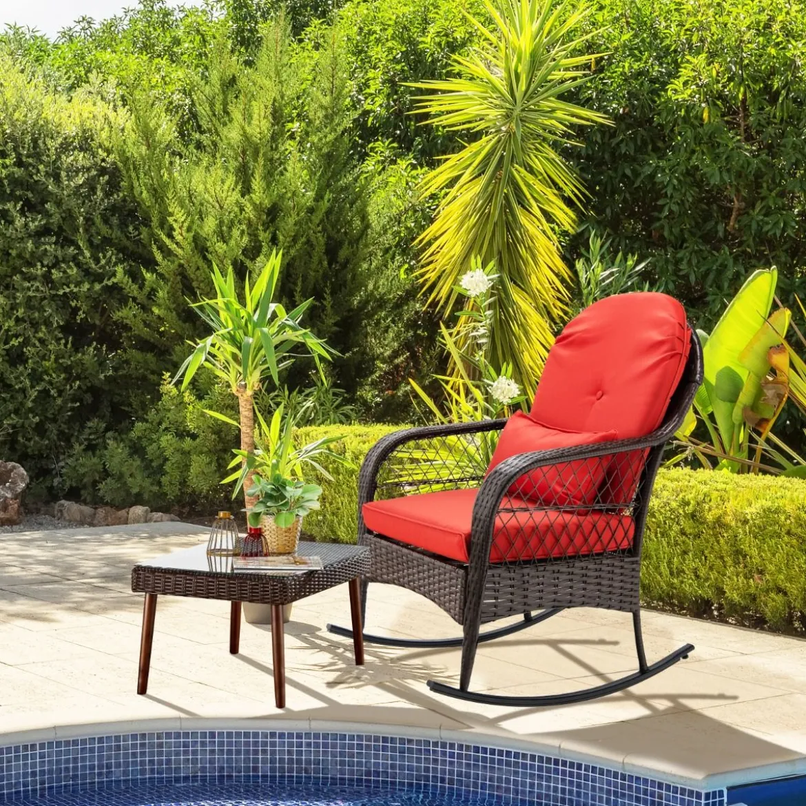 Schaukelstuhl Rattan mit roten Kissen Relaxliege Rattanschaukelstuhl 67 x 87 x 95 cm Braun