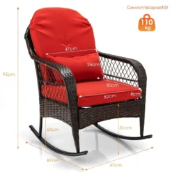 Schaukelstuhl Rattan mit roten Kissen Relaxliege Rattanschaukelstuhl 67 x 87 x 95 cm Braun