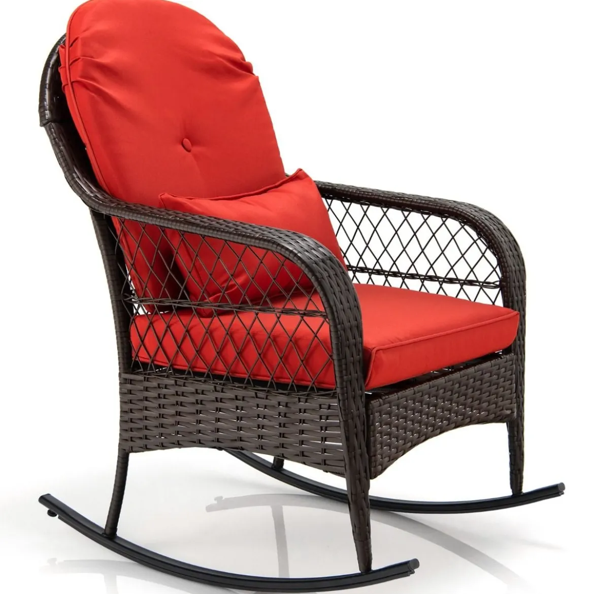 Schaukelstuhl Rattan mit roten Kissen Relaxliege Rattanschaukelstuhl 67 x 87 x 95 cm Braun