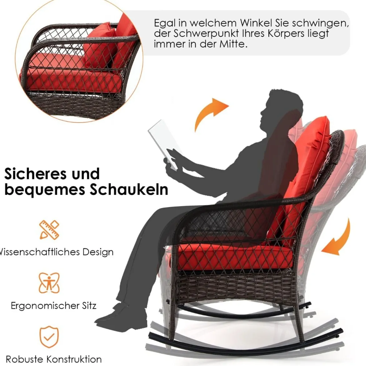 Schaukelstuhl Rattan mit roten Kissen Relaxliege Rattanschaukelstuhl 67 x 87 x 95 cm Braun