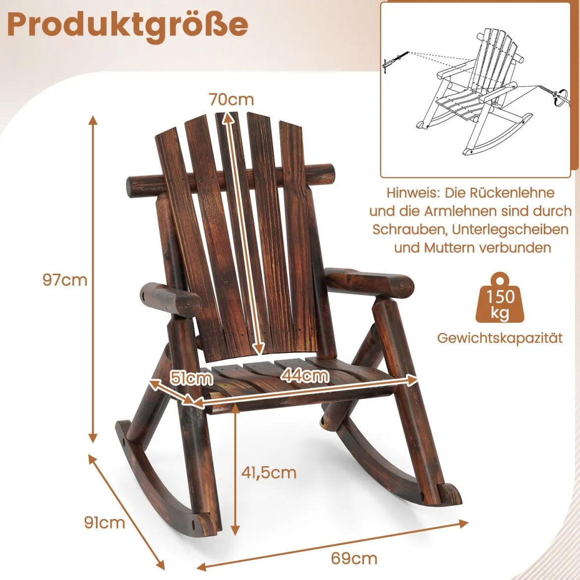 Schaukelstuhl Schaukelsessel aus Massivholz Relaxstuhl mit hoher Rückenlehne und Lattenrost Sitz Braun