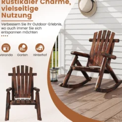 Schaukelstuhl Schaukelsessel aus Massivholz Relaxstuhl mit hoher Rückenlehne und Lattenrost Sitz Braun