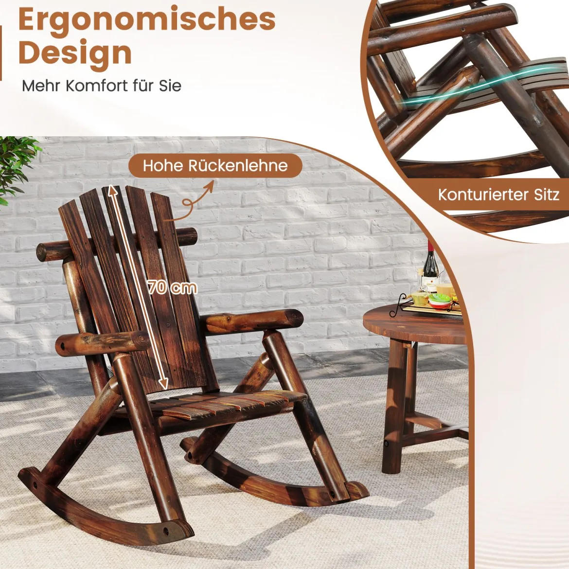 Schaukelstuhl Schaukelsessel aus Massivholz Relaxstuhl mit hoher Rückenlehne und Lattenrost Sitz Braun