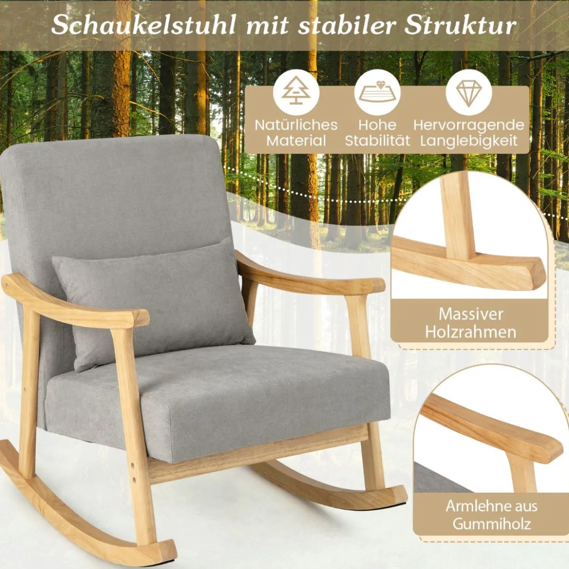 Schaukelstuhl Sessel Wohnzimmer Gepolsterter Loungesessel mit Armlehnen Grau