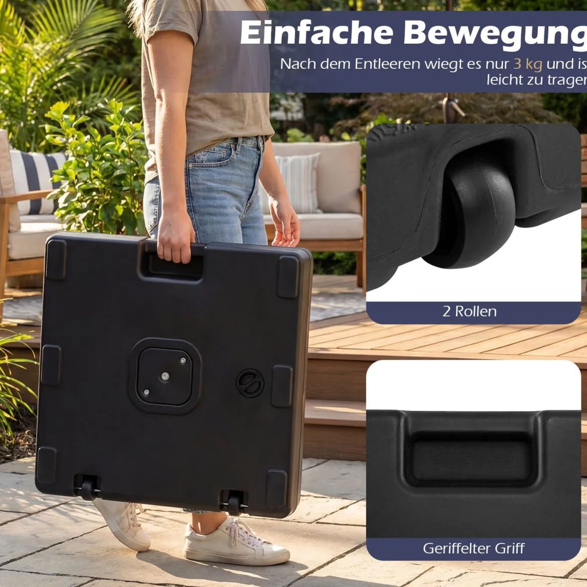 Schirmständer mit Rollen Quadratischer Schirmgewicht mit 2 Rollen Griff & 2 Adaptern für Schirmstange 39/49 mm