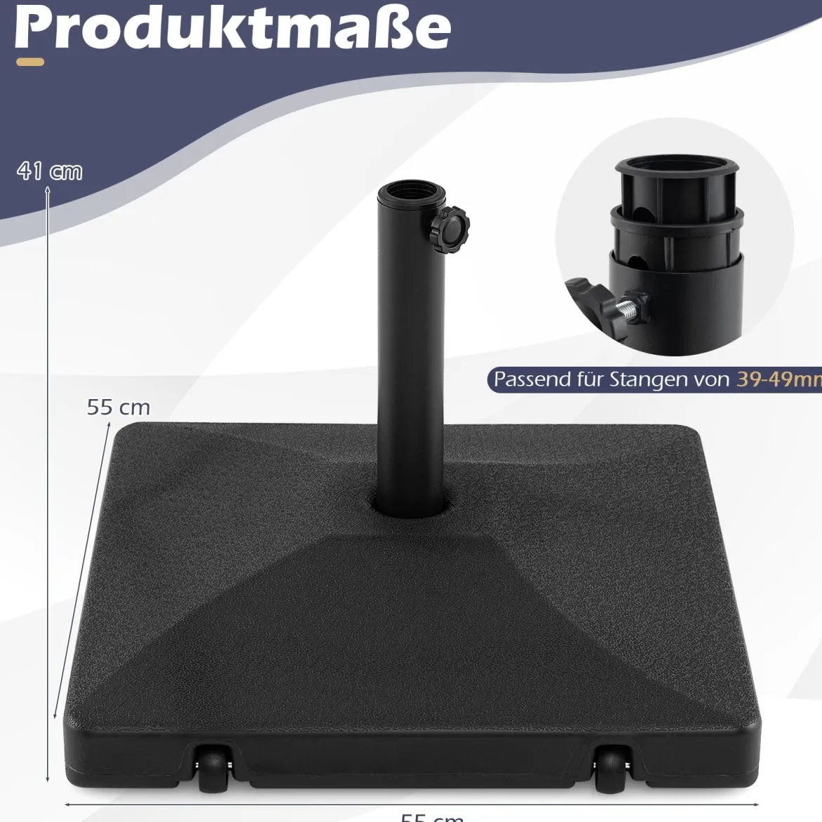 Schirmständer mit Rollen Quadratischer Schirmgewicht mit 2 Rollen Griff & 2 Adaptern für Schirmstange 39/49 mm